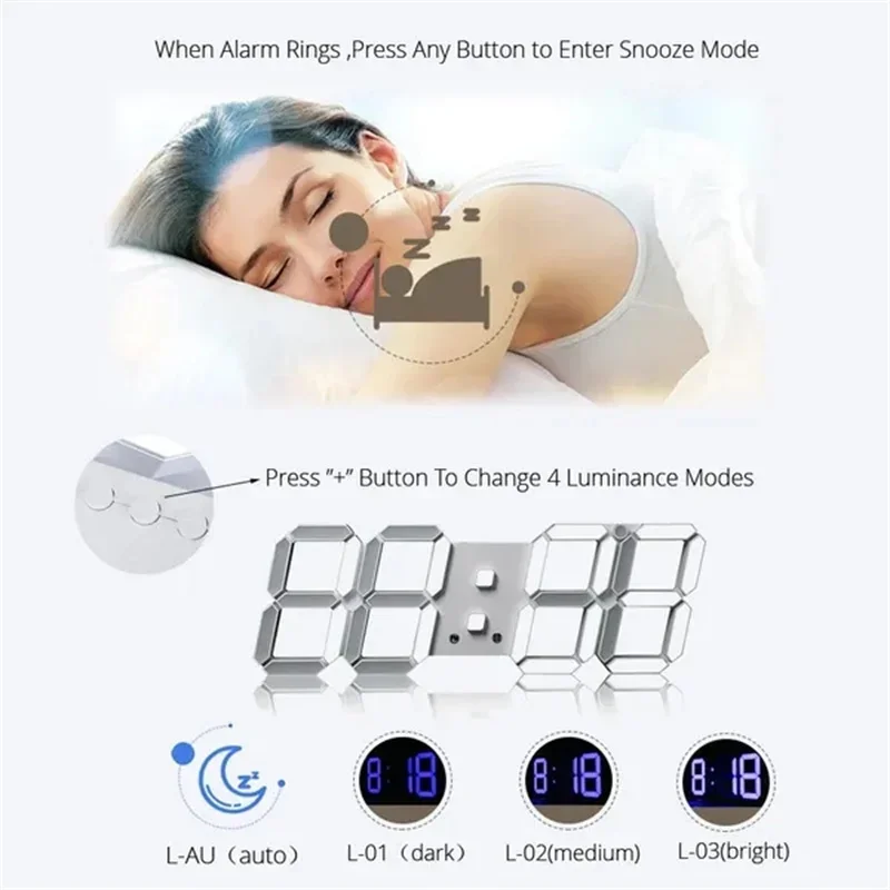 Lighting Home Decor Wall Clocks - 調節可能な3Dデジタル壁掛け時計,常夜灯モード,寝室,家,居間の装飾,時計の装飾