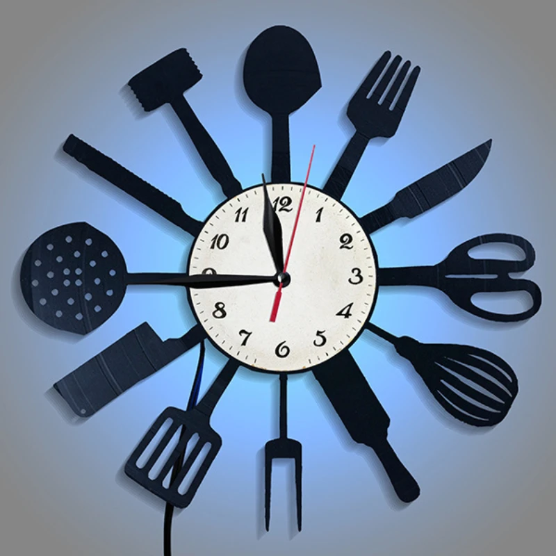 Lighting Home Decor Wall Clocks - LEDライト付きビニール壁時計,クリエイティブな吊り下げ装飾,キッチン食器,家庭やレストラン用