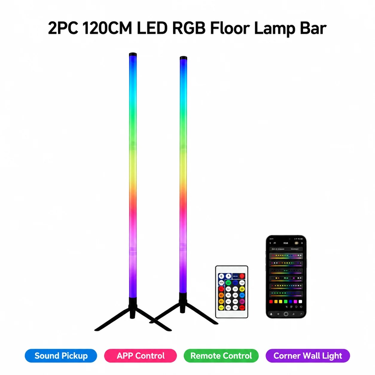 Room Lighting Bedroom Decor - 2パックRGB LEDコーナーフロアランプ、120CMサウンド起動ライトバー、ゲームルーム寝室装飾用アンビエント照明