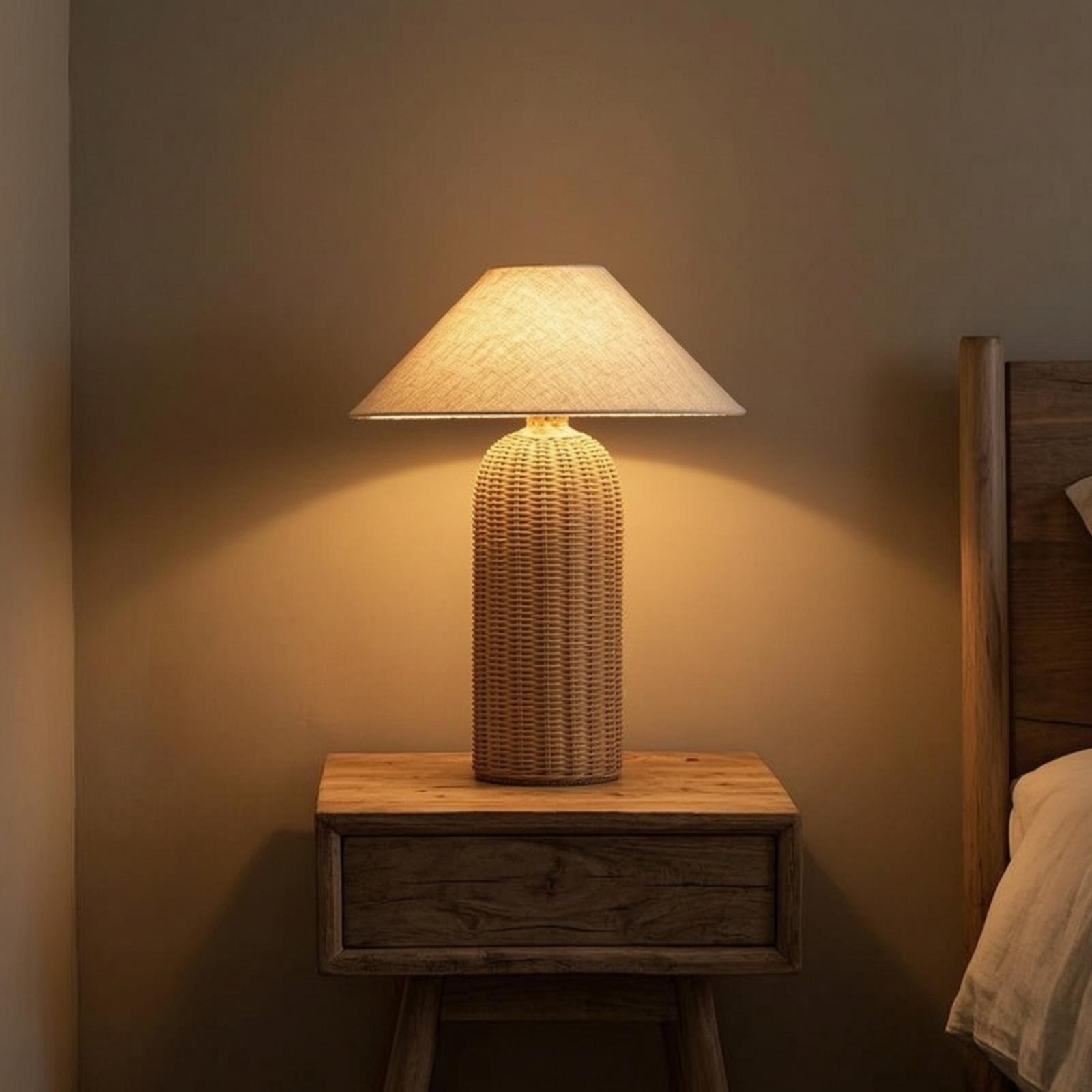 Lighting Decor Bedroom - ベッドサイドランプ ラタンベース ファブリックシェード ナイトテーブルランプ 寝室 リビングルーム用装飾照明