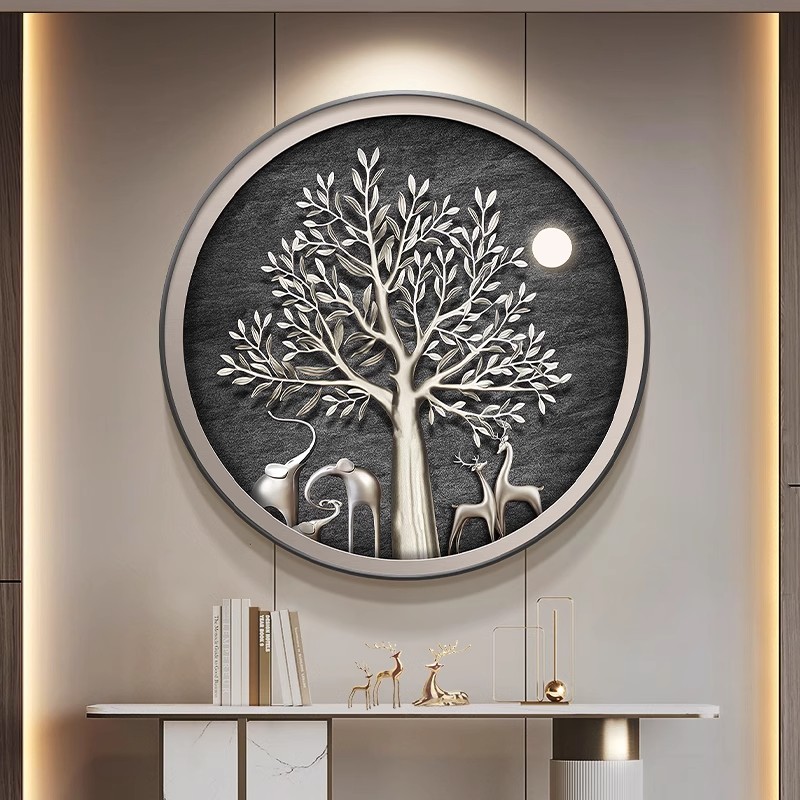 Elements Lighting Decor - 象をテーマにした円形ポーチ装飾画は、光の豪華さと高級感のあるスタイルを特徴にし、金のなる木の要素を備えています。