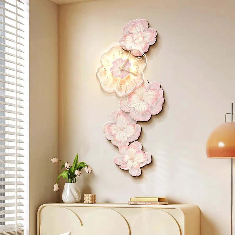 Lighting Home Decor Wall Clocks - ピンクの花が付いた豪華な壁掛け時計,装飾的な室内装飾,リビングルームの絵画,吊り下げられた廊下,壁画