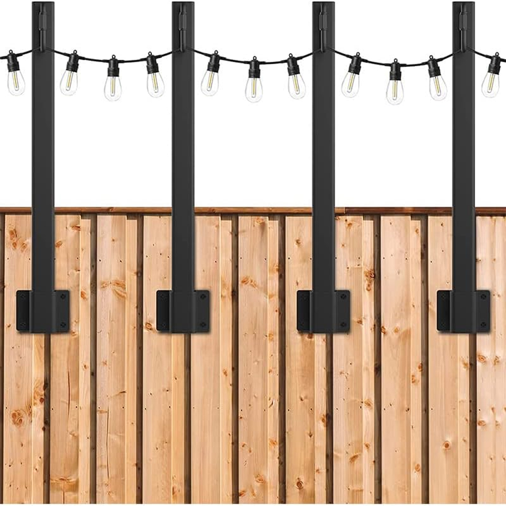 Lighting Decoration Stand - 4個入りメタル製ストリングライトポール、クリップホルダーフック付き、黒色の吊り下げ式ポストマウントスタンド、屋外ガーデンパティオフェンスヤード装飾用