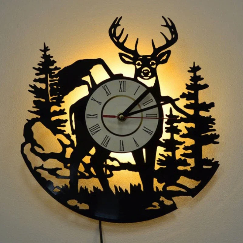 Lighting Home Decor Wall Clocks - 森の鹿ビニールレコード壁時計 LED ナイトライトリモコンアートクリエイティブ家の装飾子供のギフト壁時計