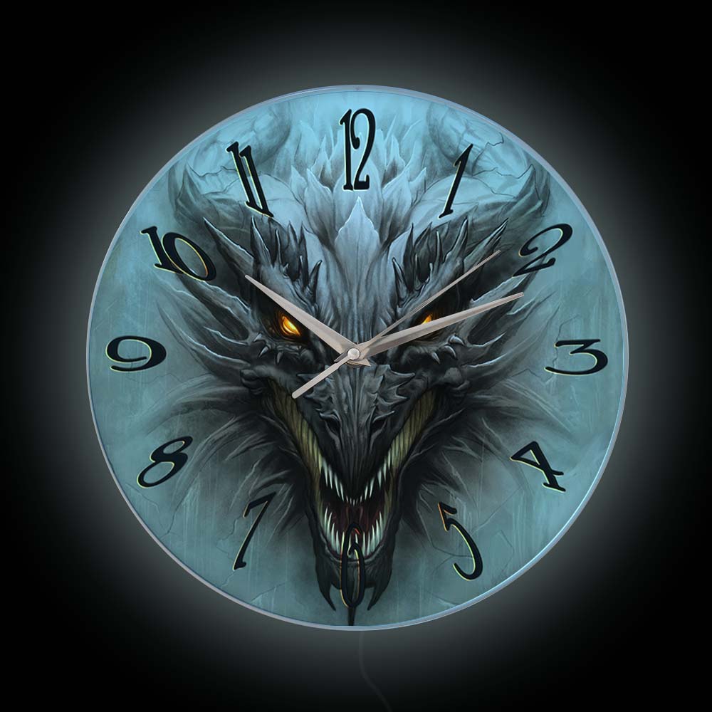 Lighting Home Decor Wall Clocks - ゴシック邪悪なドラゴンヘッド発光プリント壁掛け時計 LED バックライト付き中世ファンタジー家の装飾 LED ナイトライト壁掛け時計