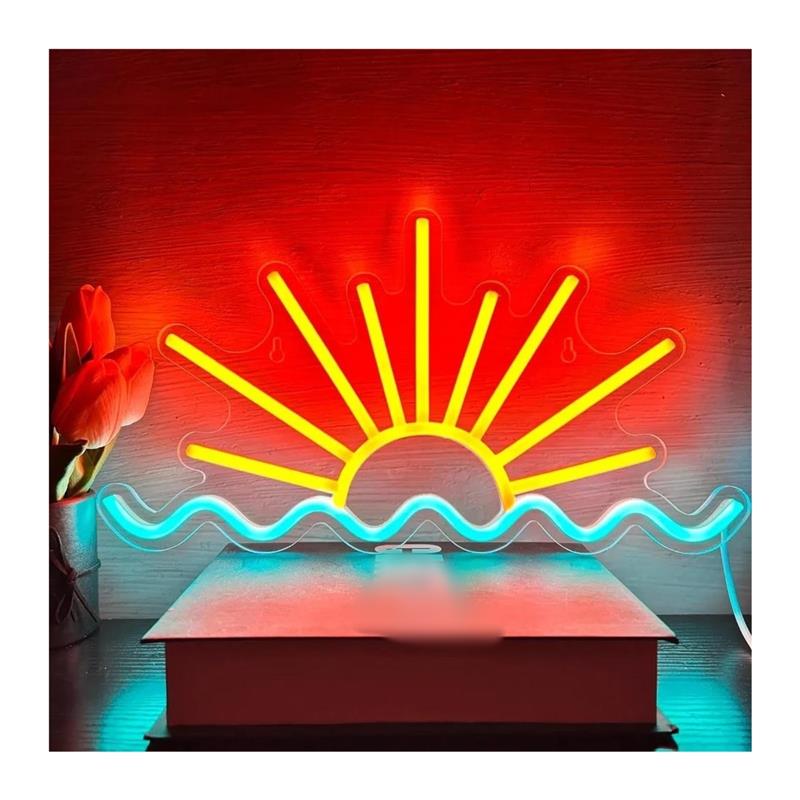 Lighting Decor Sunrise - 日の出日没ネオンサインビーチ海波ライトリビングルーム、パーティー、バーの装飾用USB電源、調光器付き20.5cm×38cm