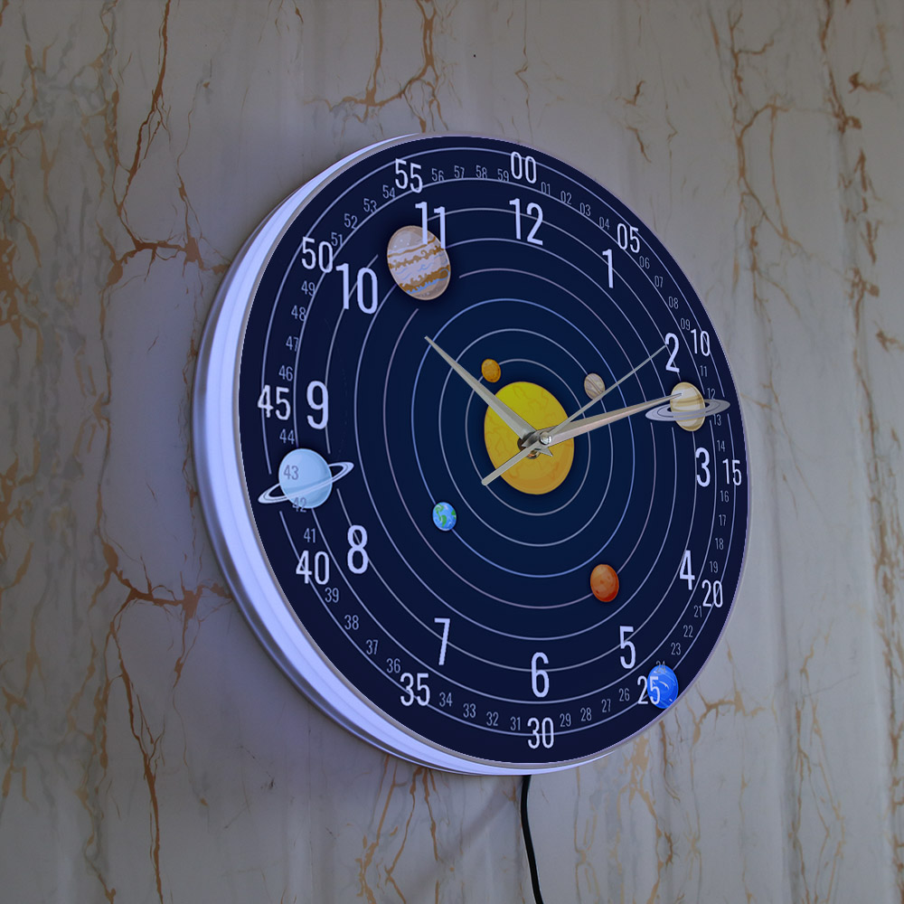 太陽系壁掛け時計 LED バックライト付き天文学家の装飾品銀 - Lighting Home Decor Wall Clocks のレビューと価格