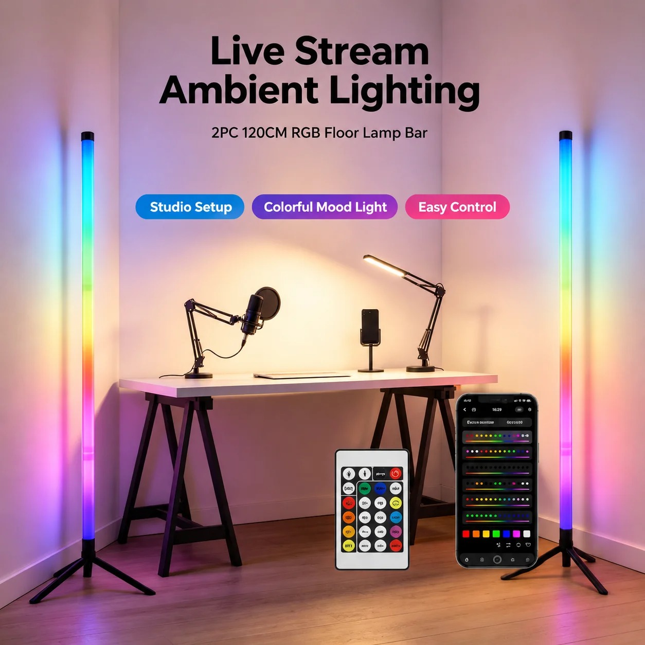 2パックRGB LEDコーナーフロアランプ、120CMサウン - Room Lighting Bedroom Decor のレビューと価格