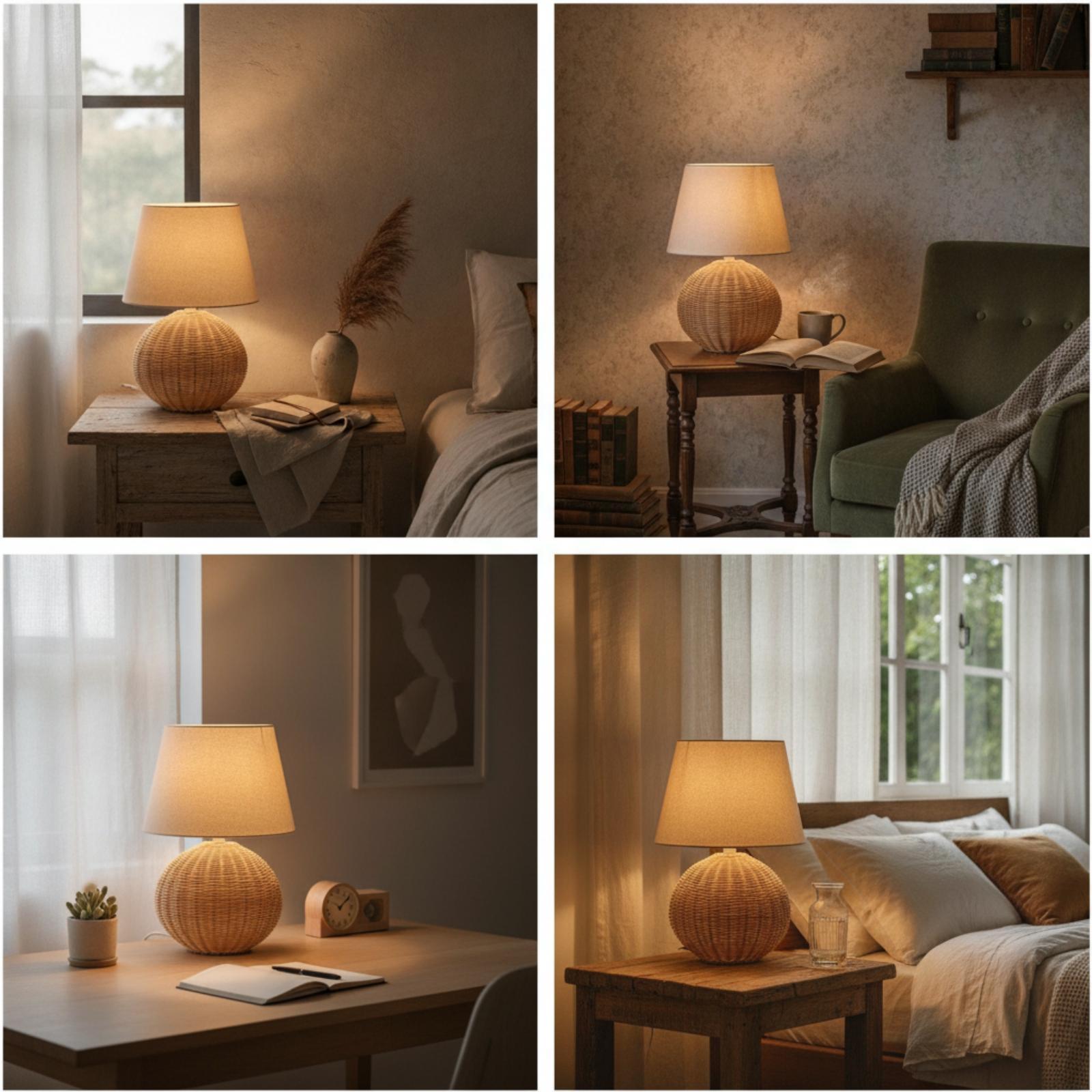 ベッドサイドランプ ラタンベース ファブリックシェード ナイ - Lighting Decor Bedroom のレビューと価格