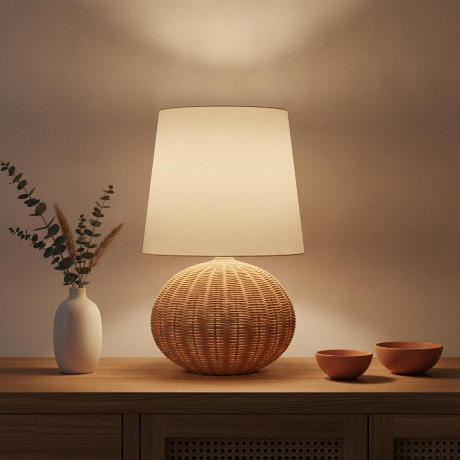 ベッドサイドランプ ラタンベース ファブリックシェード ナイ - Lighting Decor Bedroom のレビューと価格