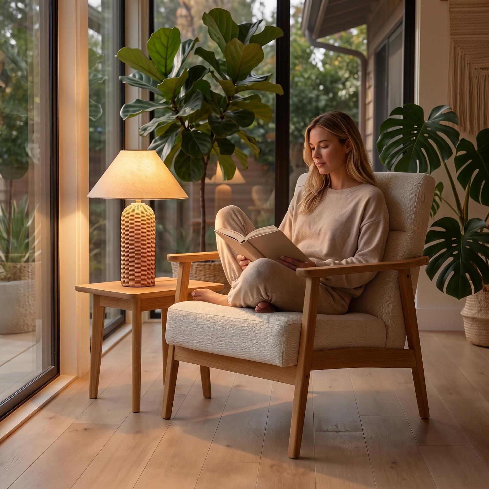 ベッドサイドランプ ラタンベース ファブリックシェード ナイ - Lighting Decor Bedroom のレビューと価格