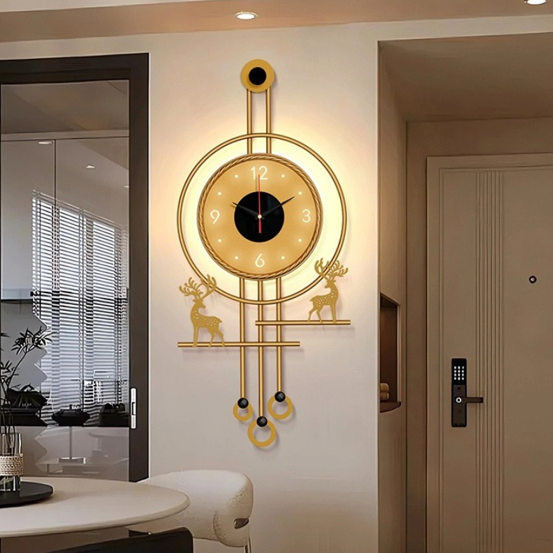 モダンなテレビ背景壁用静音壁掛け時計、木製格子装飾付きライト - Lighting Home Decor Wall Clocks のレビューと価格