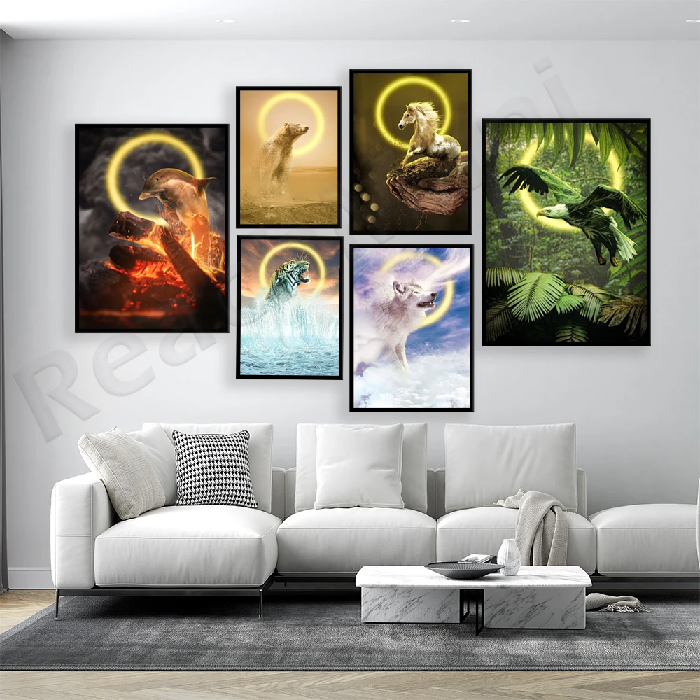 鷲、狼、イルカ、オウム、虎、馬、熊の頭が描かれた軽いキャンバ - Elements Lighting Decor のレビューと価格