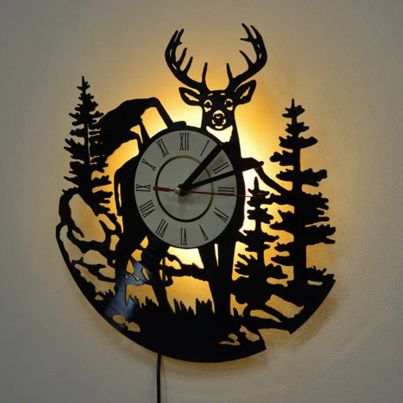 森の鹿ビニールレコード壁時計 LED ナイトライトリモコンア - Lighting Home Decor Wall Clocks のレビューと価格