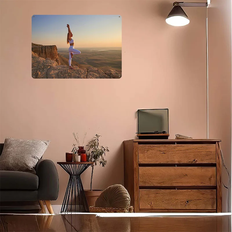 日の出の崖の上でヨガをする軽快な3Dブリキポスター、カスタマ - Lighting Decor Sunrise のレビューと価格