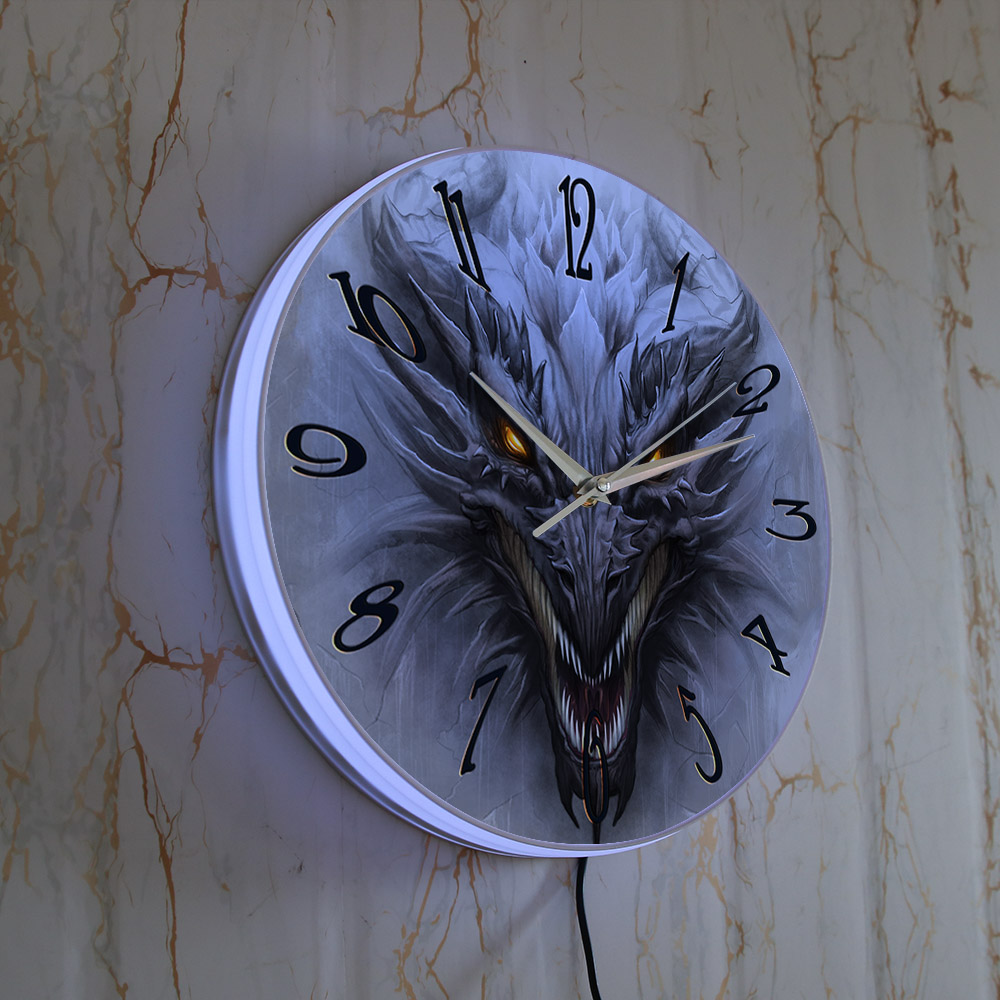 ゴシック邪悪なドラゴンヘッド発光プリント壁掛け時計 LED  - Lighting Home Decor Wall Clocks のレビューと価格